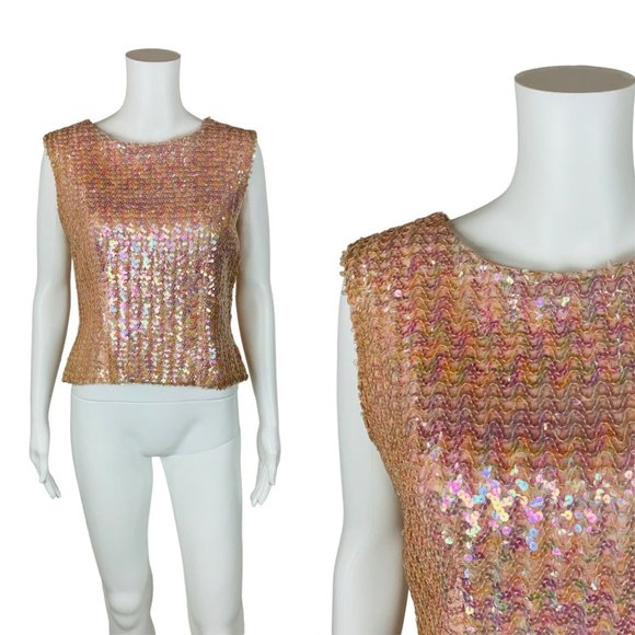 Vintage Tops - Vintage 50s Pink Sequin Sleeveless Top Glamorous Evening Tank B 36"